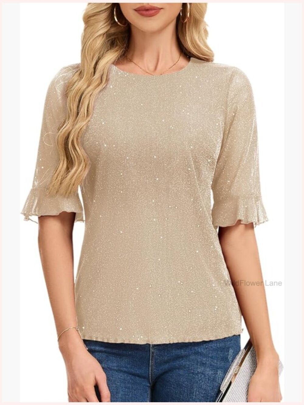 Women's Sparkly Sequin Bell Sleeve Blouse Tunic Tops